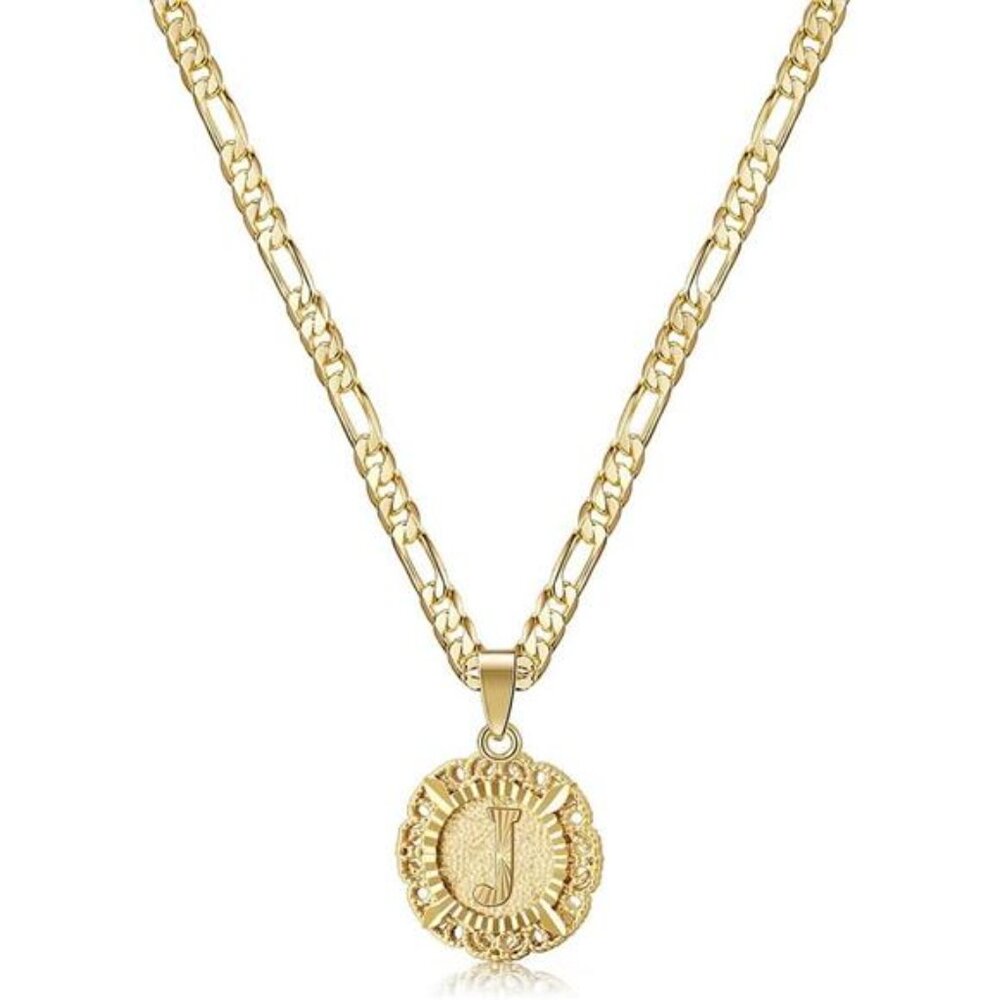Initial Necklace for Women,14K Gold Plated Round Letter Pendant Necklace
